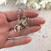 Load image into Gallery viewer, Vintage English Sterling Silver Curb Bracelet, Love Heart Padlock Clasp, Equestrian Horseshoe Charm
