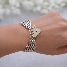 Load image into Gallery viewer, Vintage 1976 Sterling Silver Wide Gate Bracelet With Heart Padlock Clasp. Romantic Sweetheart Jewellery
