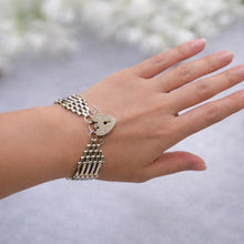 Load image into Gallery viewer, Vintage 1976 Sterling Silver Wide Gate Bracelet With Heart Padlock Clasp. Romantic Sweetheart Jewellery
