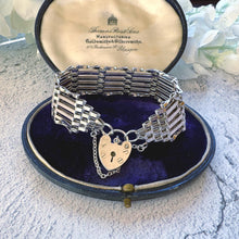 Load image into Gallery viewer, Vintage 1976 Sterling Silver Wide Gate Bracelet With Heart Padlock Clasp. Romantic Sweetheart Jewellery
