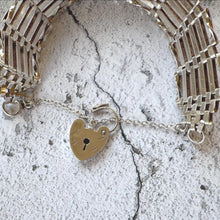Load image into Gallery viewer, Vintage 1976 Sterling Silver Wide Gate Bracelet With Heart Padlock Clasp. Romantic Sweetheart Jewellery
