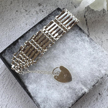 Load image into Gallery viewer, Vintage 1976 Sterling Silver Wide Gate Bracelet With Heart Padlock Clasp. Romantic Sweetheart Jewellery
