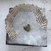 Load image into Gallery viewer, Vintage 1976 Sterling Silver Wide Gate Bracelet With Heart Padlock Clasp. Romantic Sweetheart Jewellery
