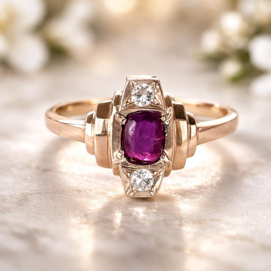 Antique Art Deco 9ct Gold Ruby Paste & White Zircon Geometric Ring