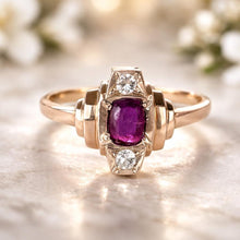 Charger l'image dans la galerie, Antique Art Deco 9ct Gold Ruby Paste &amp; White Zircon Geometric Ring
