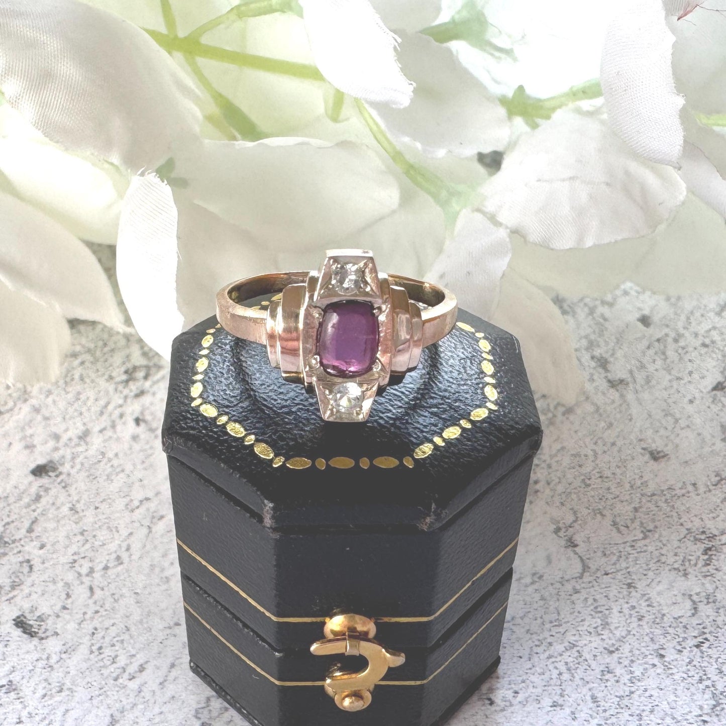 Antique Art Deco 9ct Gold Ruby Paste & White Zircon Geometric Ring