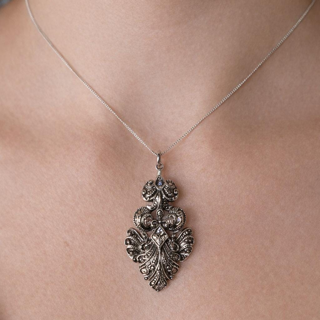 Edwardian Art Nouveau Marcasite Pendant Necklace: Large Sterling Silver Paisley Openwork Antique Design