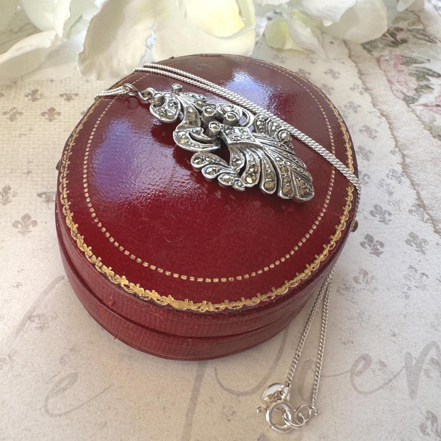 Edwardian Art Nouveau Marcasite Pendant Necklace: Large Sterling Silver Paisley Openwork Antique Design