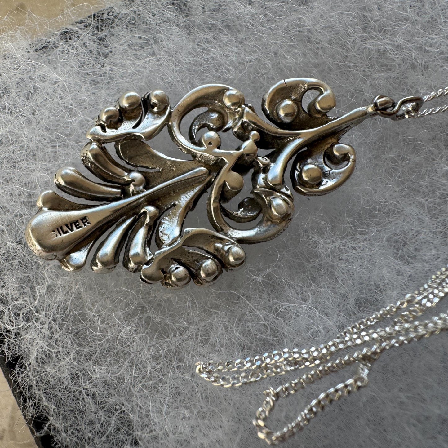Edwardian Art Nouveau Marcasite Pendant Necklace: Large Sterling Silver Paisley Openwork Antique Design