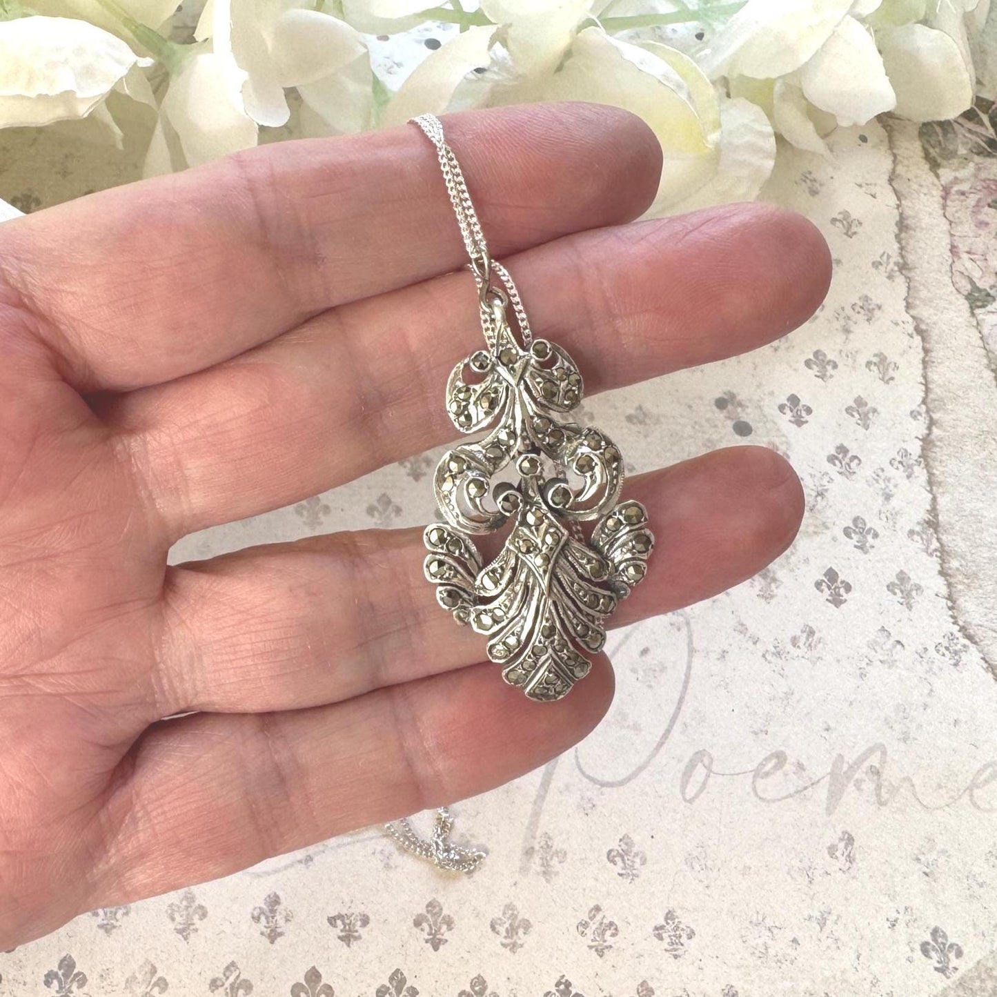 Edwardian Art Nouveau Marcasite Pendant Necklace: Large Sterling Silver Paisley Openwork Antique Design