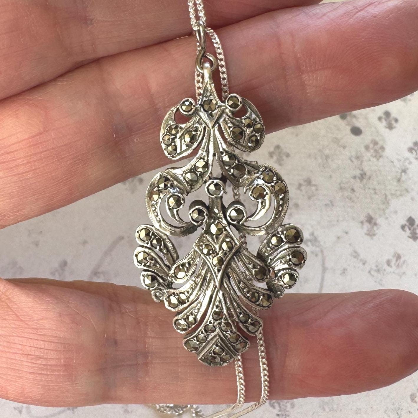 Edwardian Art Nouveau Marcasite Pendant Necklace: Large Sterling Silver Paisley Openwork Antique Design