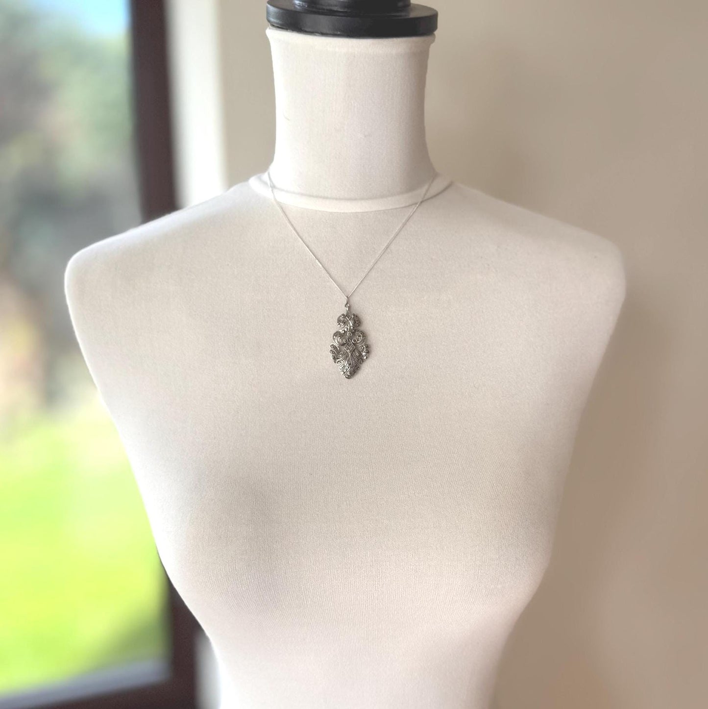 Edwardian Art Nouveau Marcasite Pendant Necklace: Large Sterling Silver Paisley Openwork Antique Design