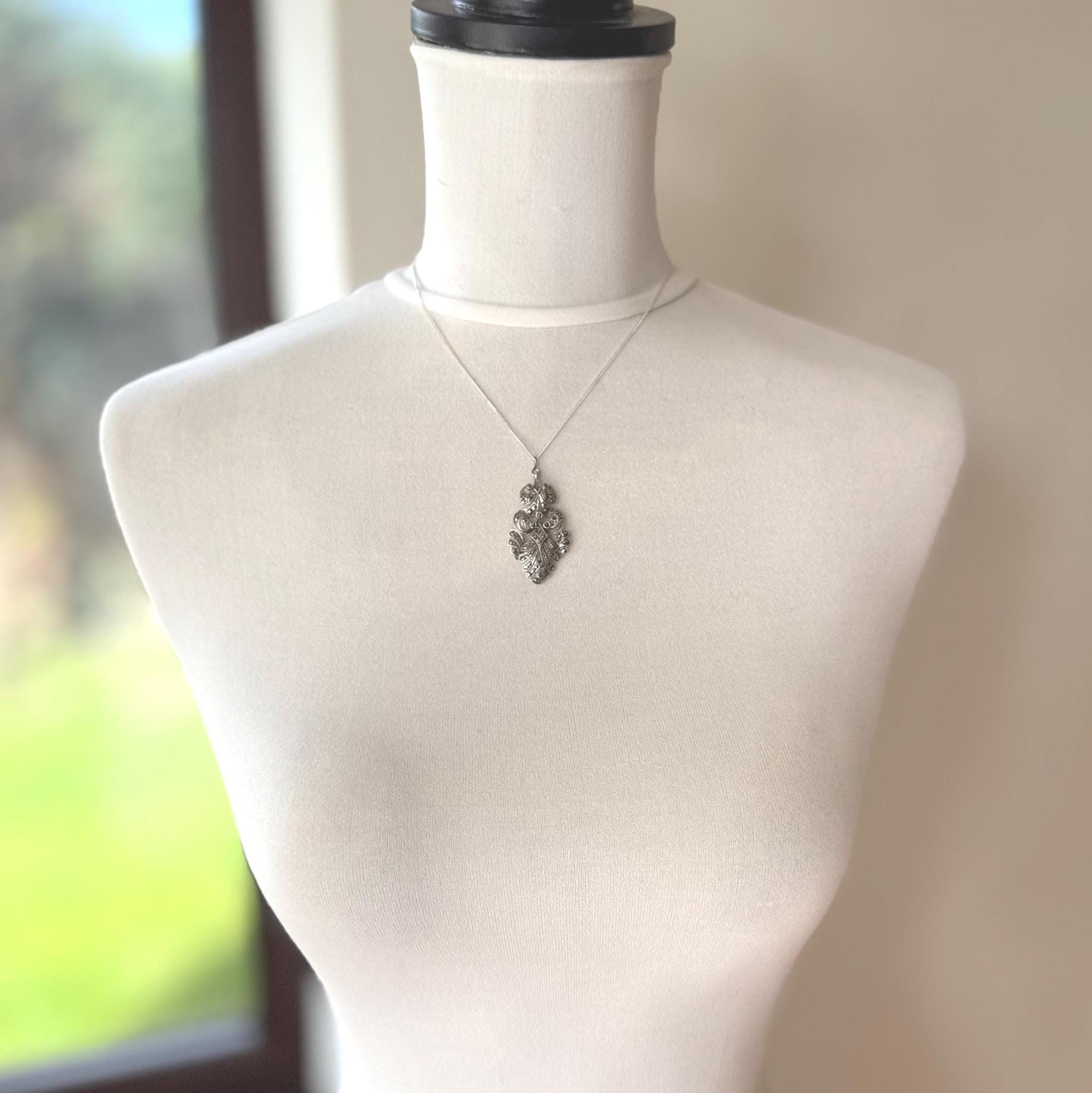 Edwardian Art Nouveau Marcasite Pendant Necklace: Large Sterling Silver Paisley Openwork Antique Design