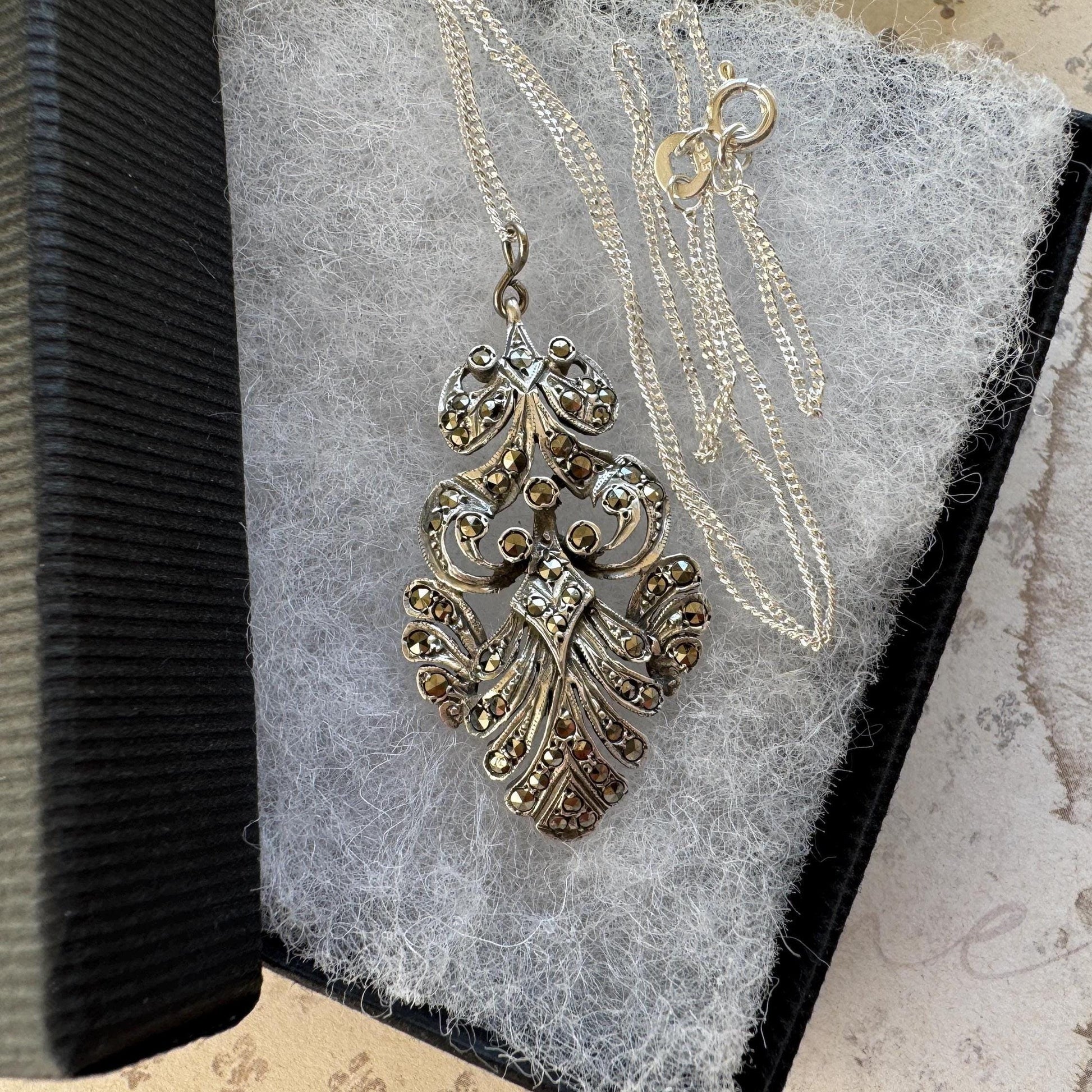 Edwardian Art Nouveau Marcasite Pendant Necklace: Large Sterling Silver Paisley Openwork Antique Design