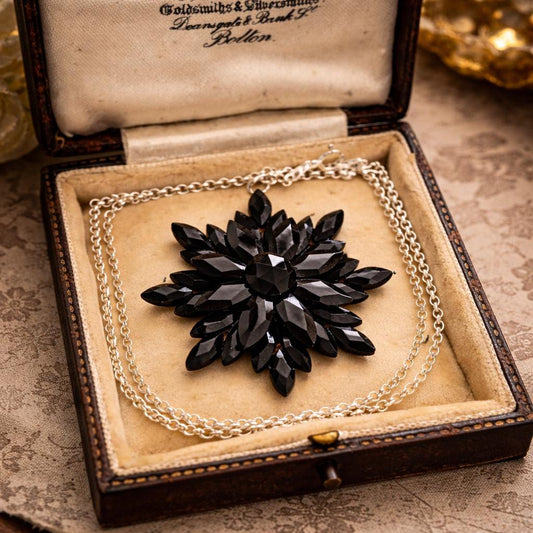 Antique Georgian Black Vauxhall Glass Flower Pendant Necklace: Rare English Regency Jewellery