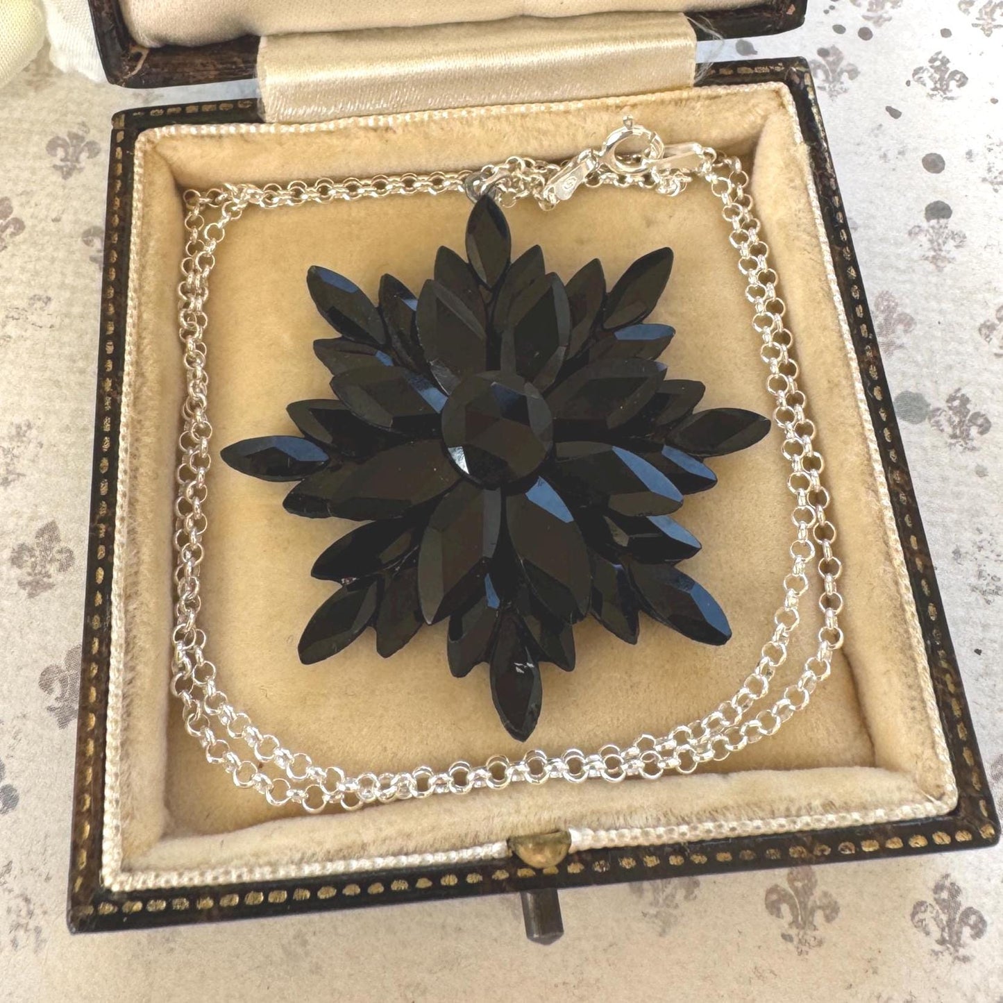Antique Georgian Black Vauxhall Glass Flower Pendant Necklace: Rare English Regency Jewellery