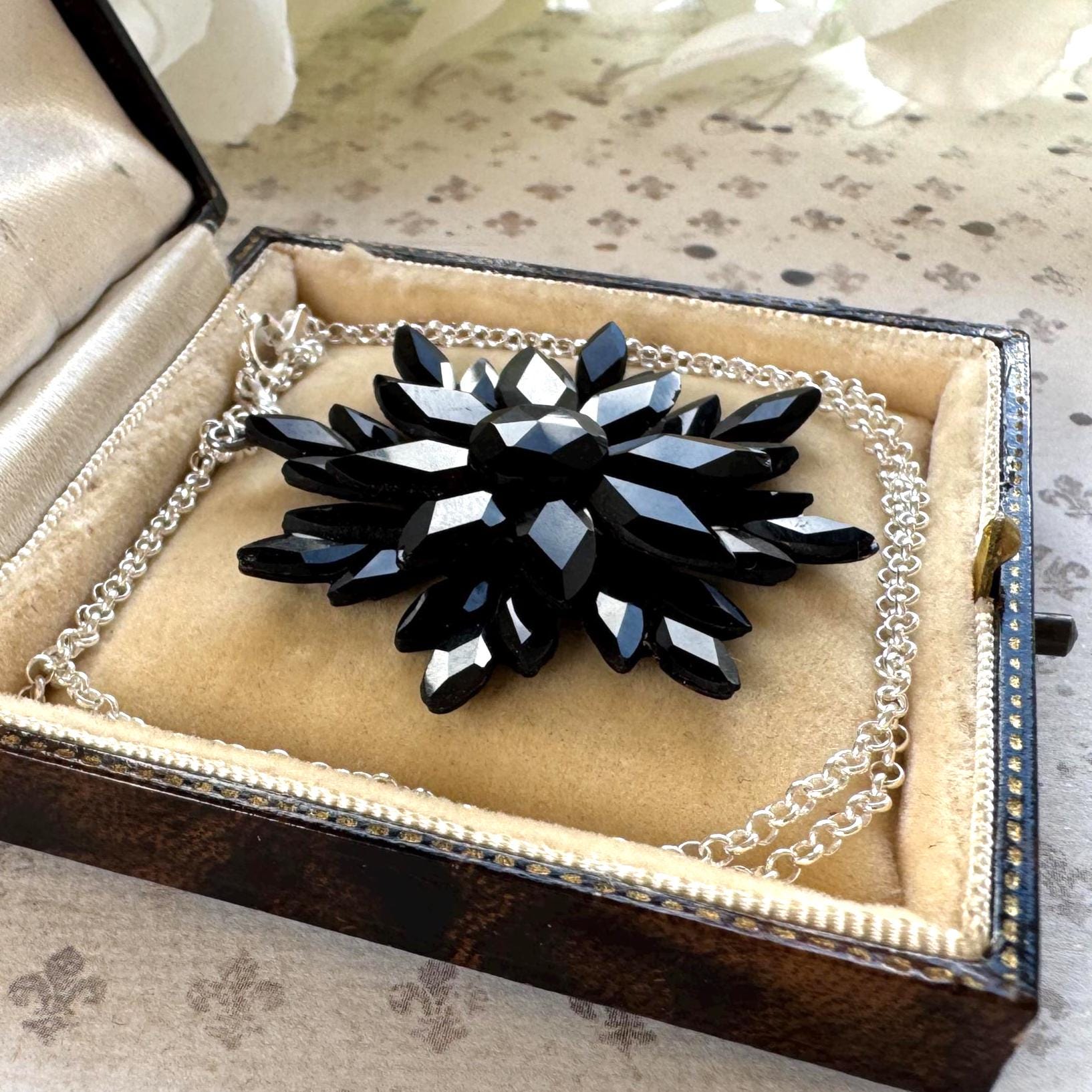 Antique Georgian Black Vauxhall Glass Flower Pendant Necklace: Rare English Regency Jewellery