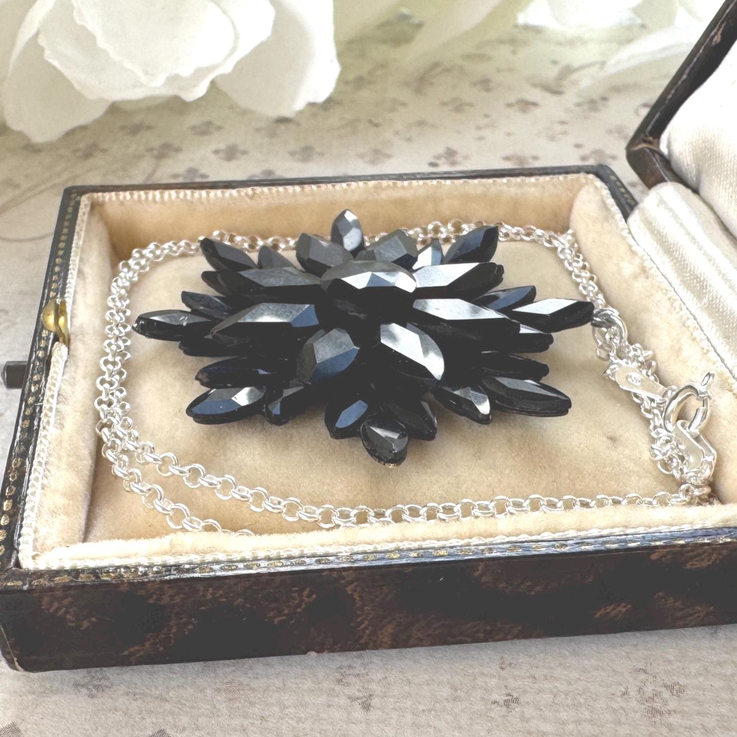Antique Georgian Black Vauxhall Glass Flower Pendant Necklace: Rare English Regency Jewellery