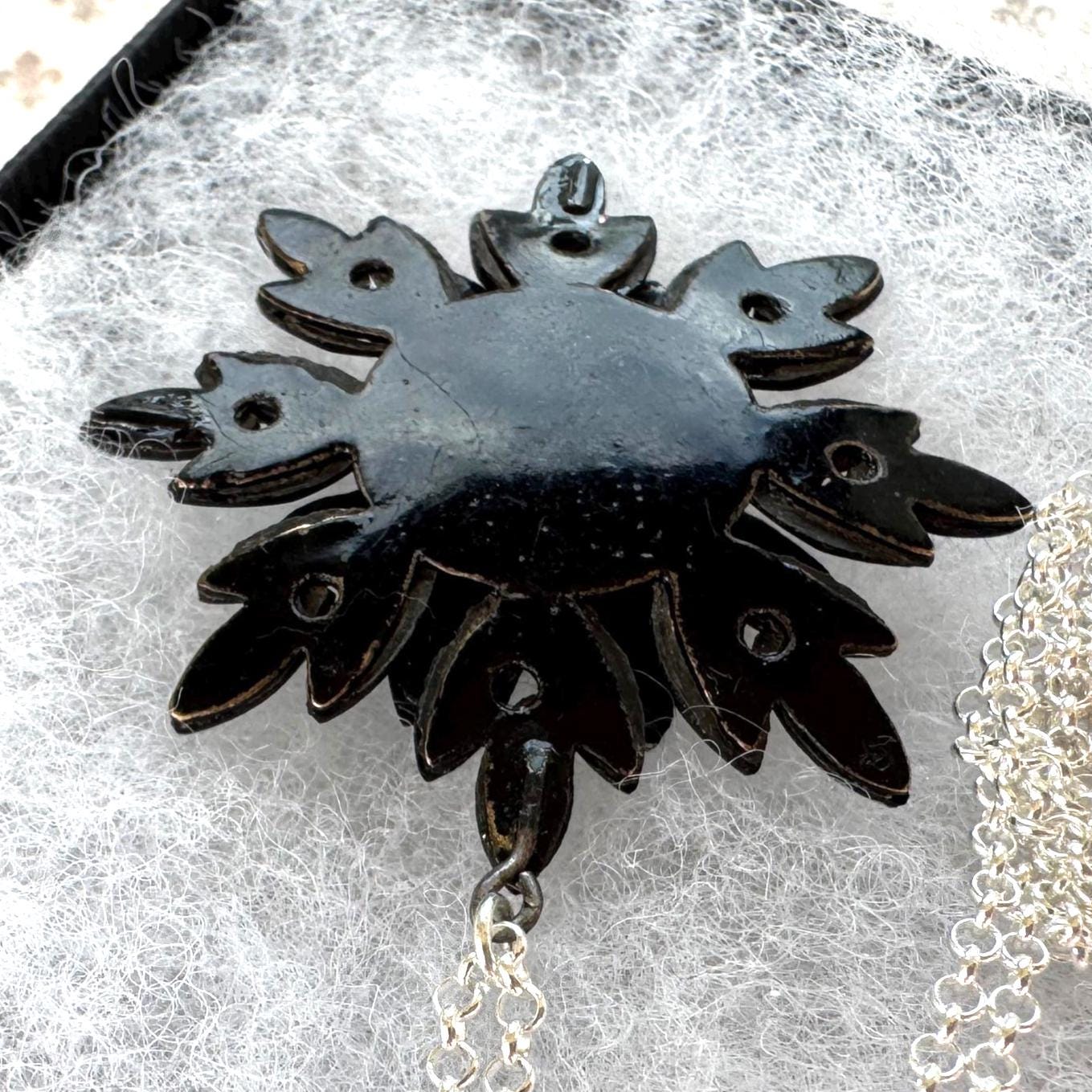 Antique Georgian Black Vauxhall Glass Flower Pendant Necklace: Rare English Regency Jewellery