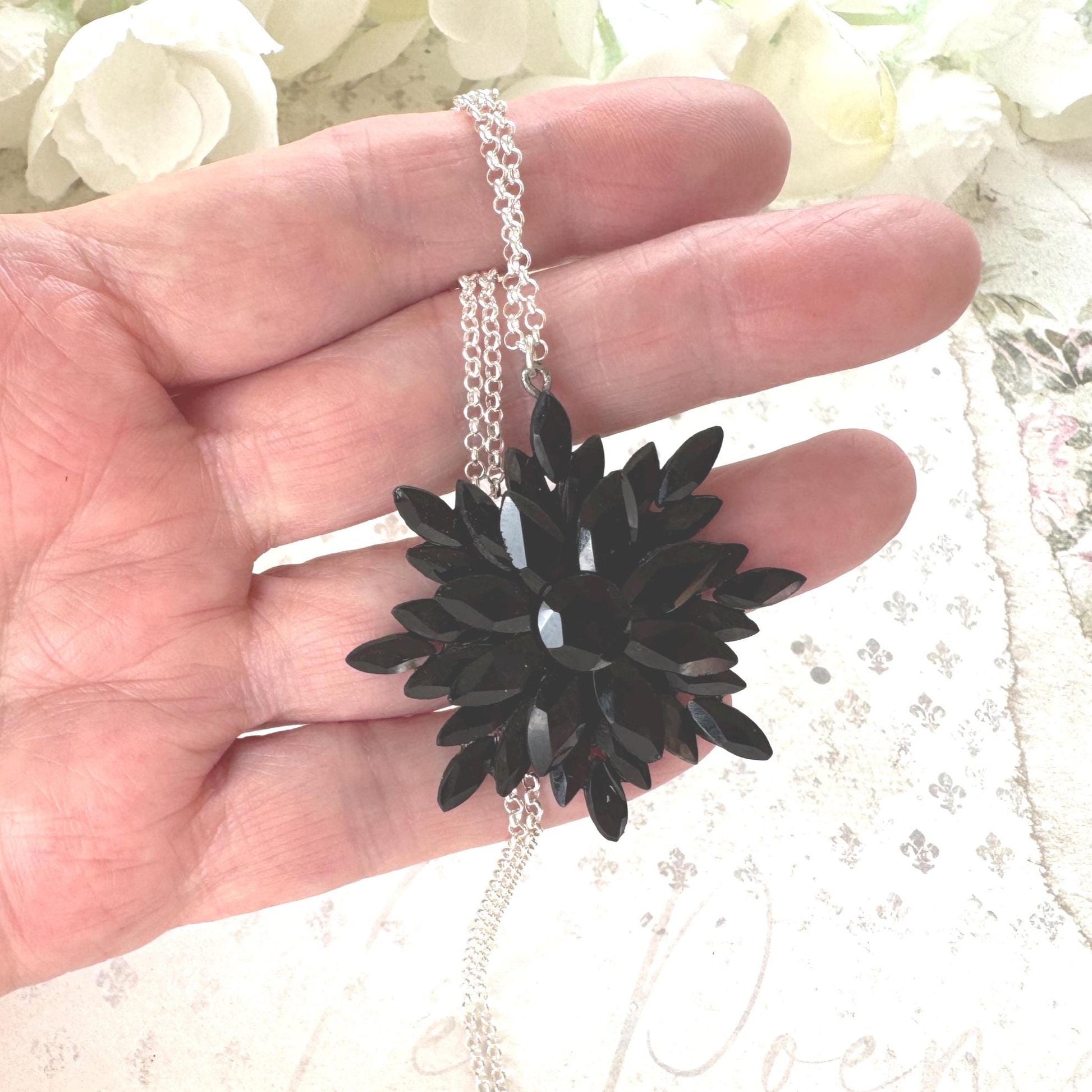 Antique Georgian Black Vauxhall Glass Flower Pendant Necklace: Rare English Regency Jewellery