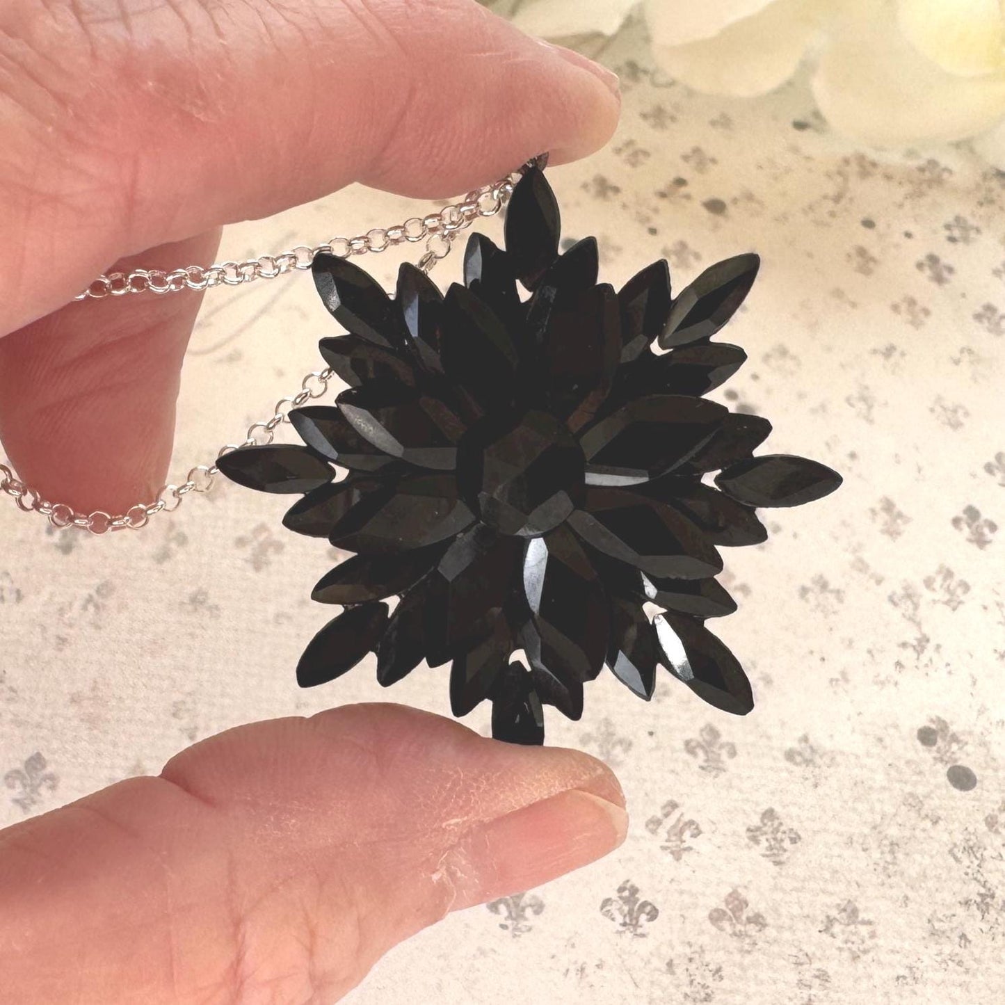 Antique Georgian Black Vauxhall Glass Flower Pendant Necklace: Rare English Regency Jewellery