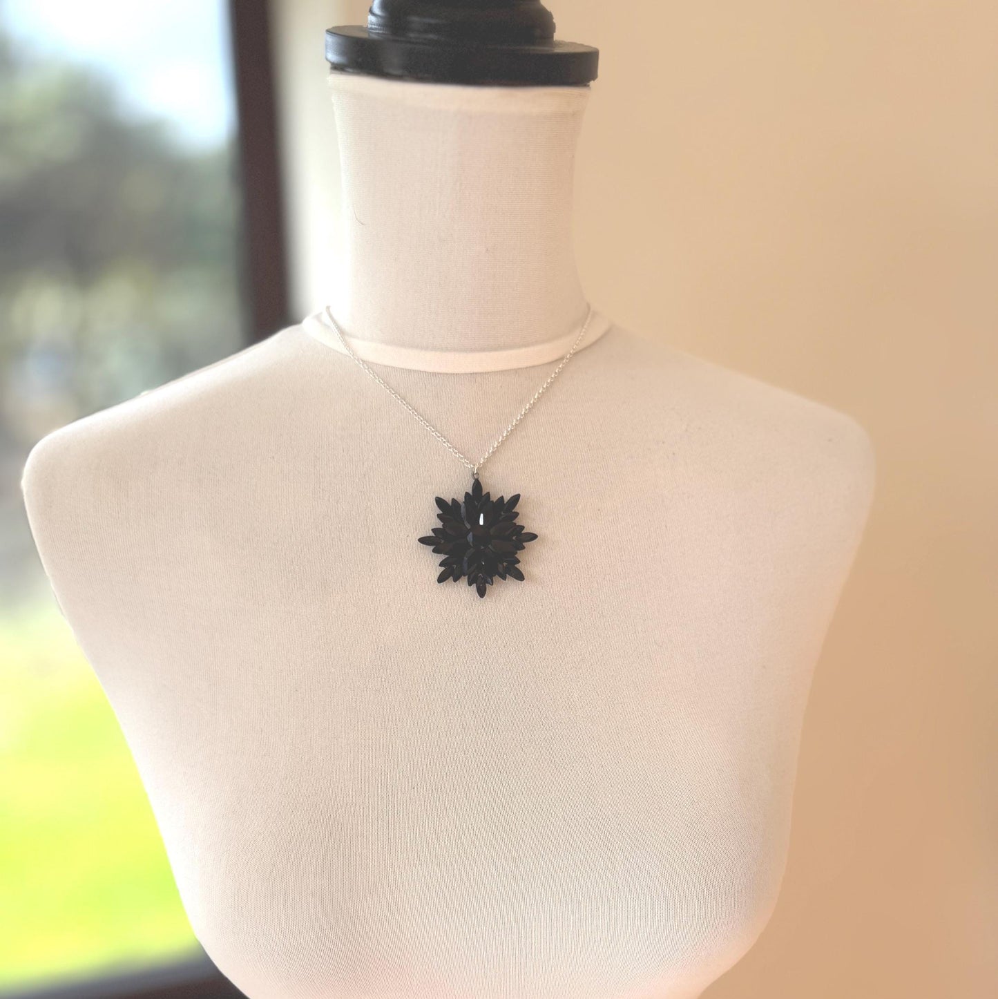 Antique Georgian Black Vauxhall Glass Flower Pendant Necklace: Rare English Regency Jewellery
