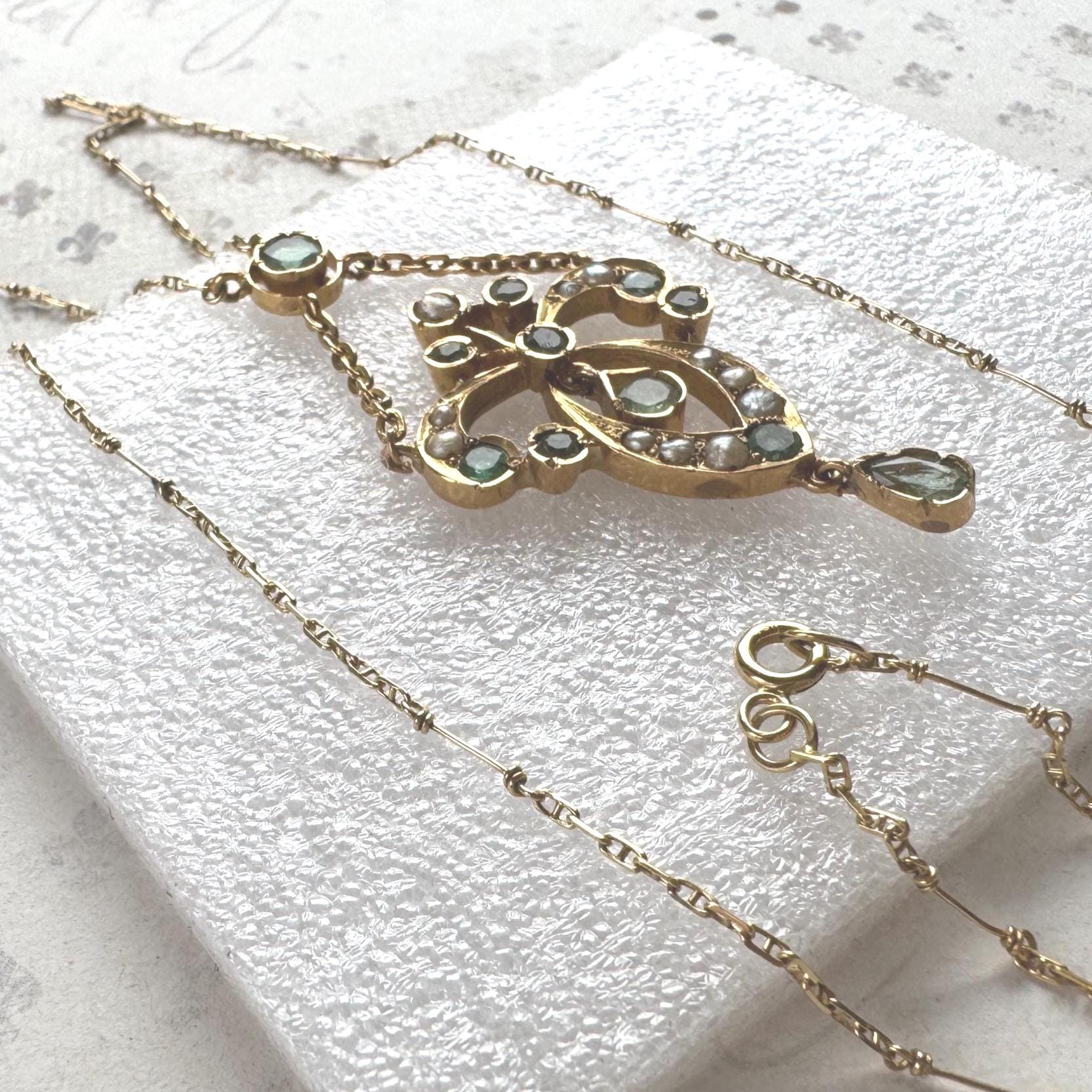 Antique Art Nouveau Emerald Pearl Lavaliere Necklace