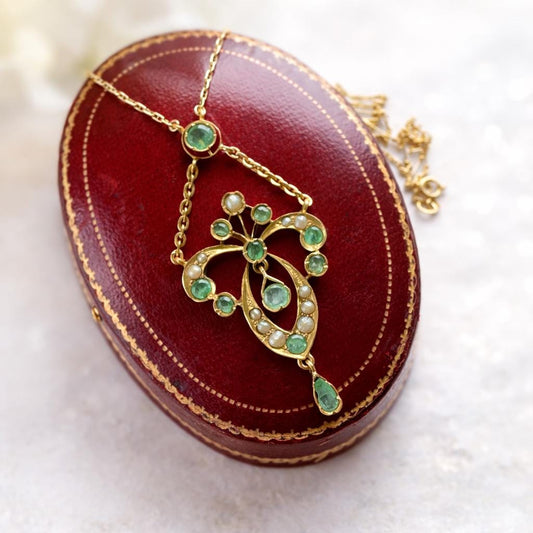 Antique Art Nouveau Emerald Pearl Lavaliere Necklace