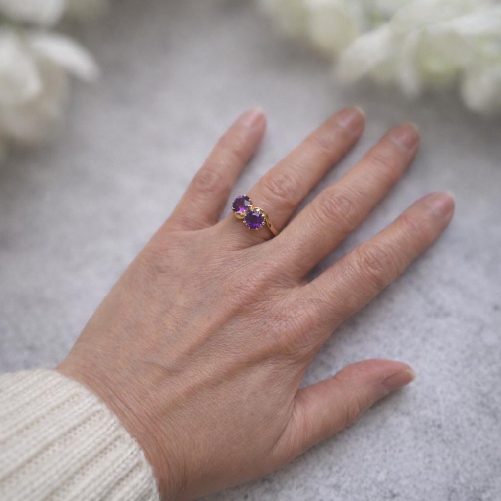 Vintage 9ct Gold Amethyst Toi et Moi Ring, 1966. Two Stone Bypass Engagement Ring