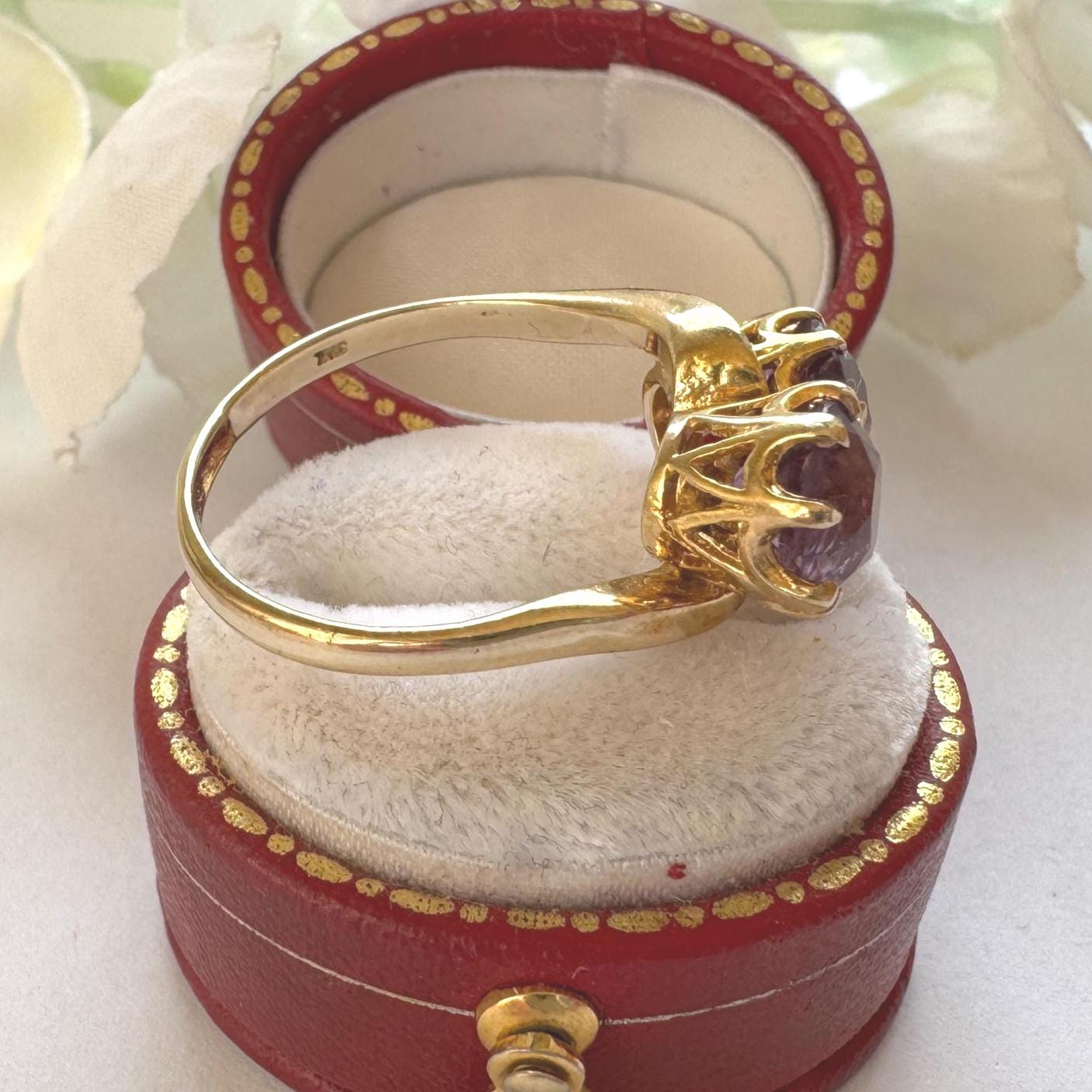 Vintage 9ct Gold Amethyst Toi et Moi Ring, 1966. Two Stone Bypass Engagement Ring