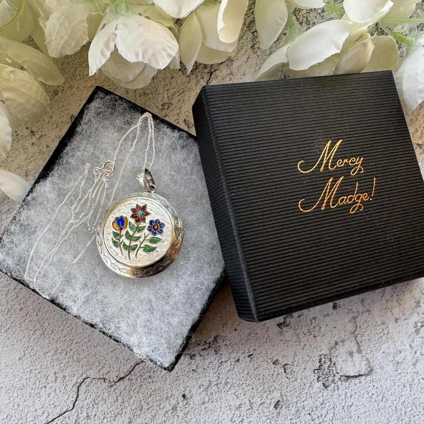 Vintage Sterling Silver Enamel Floral Locket, Victorian Style Photo Locket Necklace