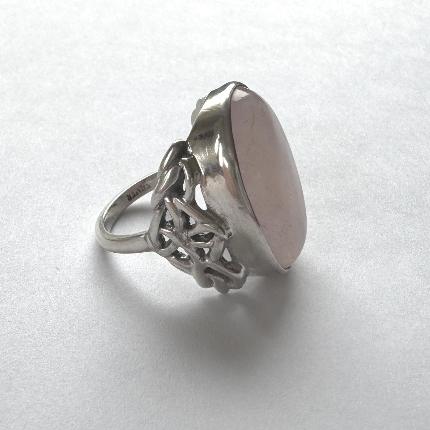 Antique Arts Crafts Rose Quartz Ring: Edwardian Sterling Silver Cabochon Statement Ring