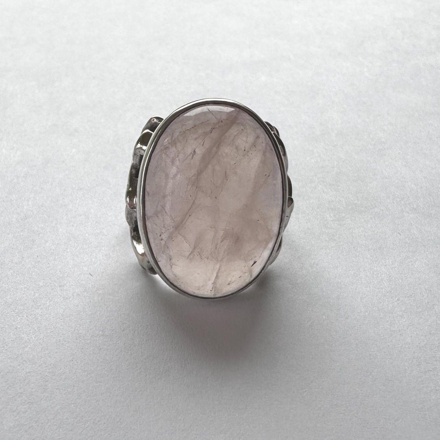 Antique Arts Crafts Rose Quartz Ring: Edwardian Sterling Silver Cabochon Statement Ring