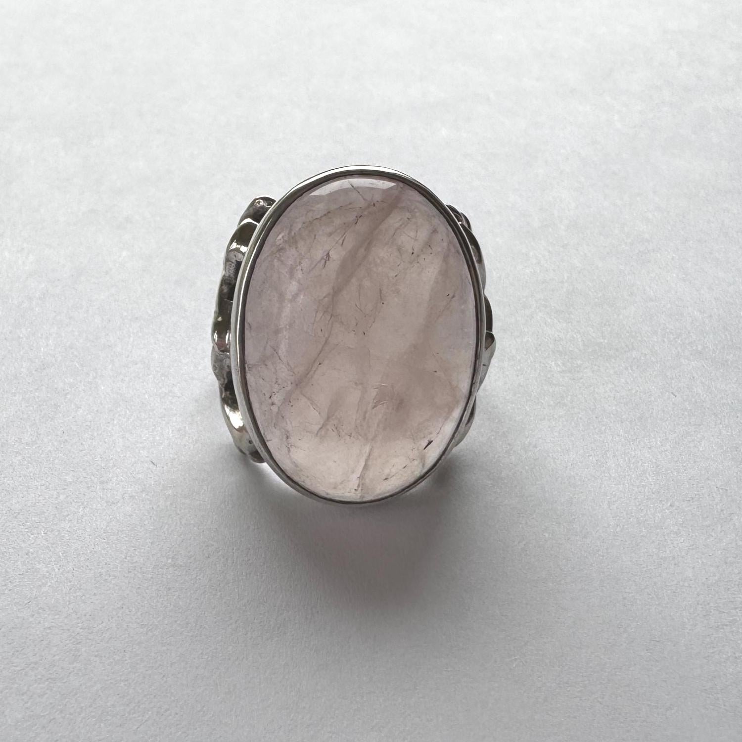 Antique Arts Crafts Rose Quartz Ring: Edwardian Sterling Silver Cabochon Statement Ring