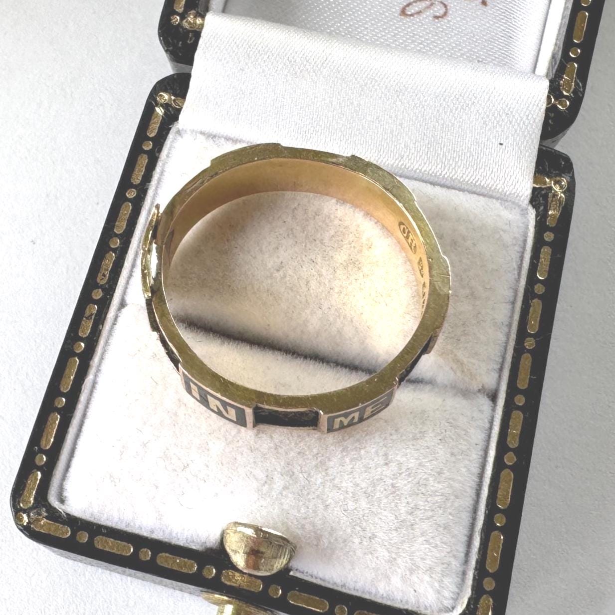 Victorian Mourning Ring, Chester 1901: 9ct Gold Hairwork Enamel In Memory Of Memorial Band