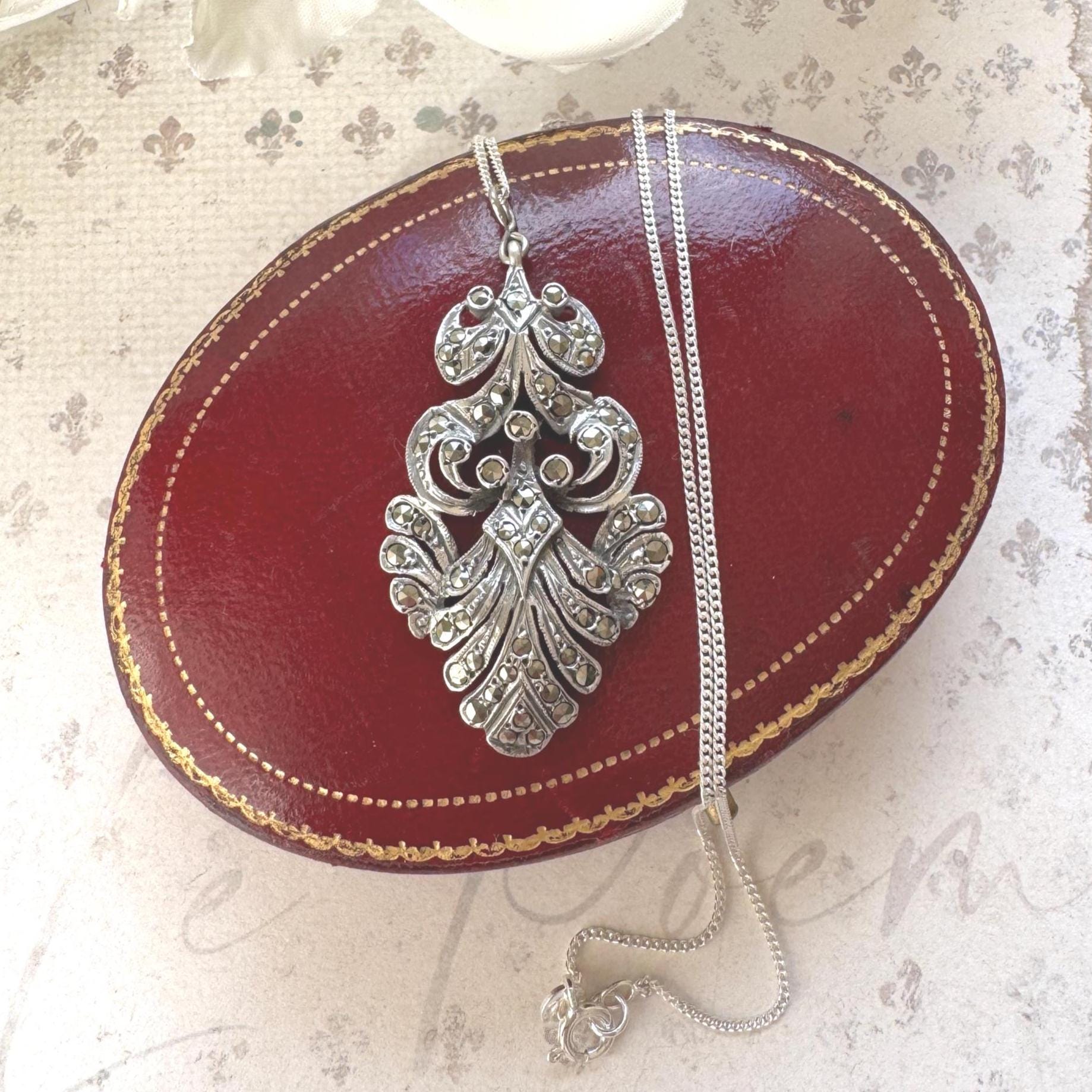 Edwardian Art Nouveau Marcasite Pendant Necklace: Large Sterling Silver Paisley Openwork Antique Design