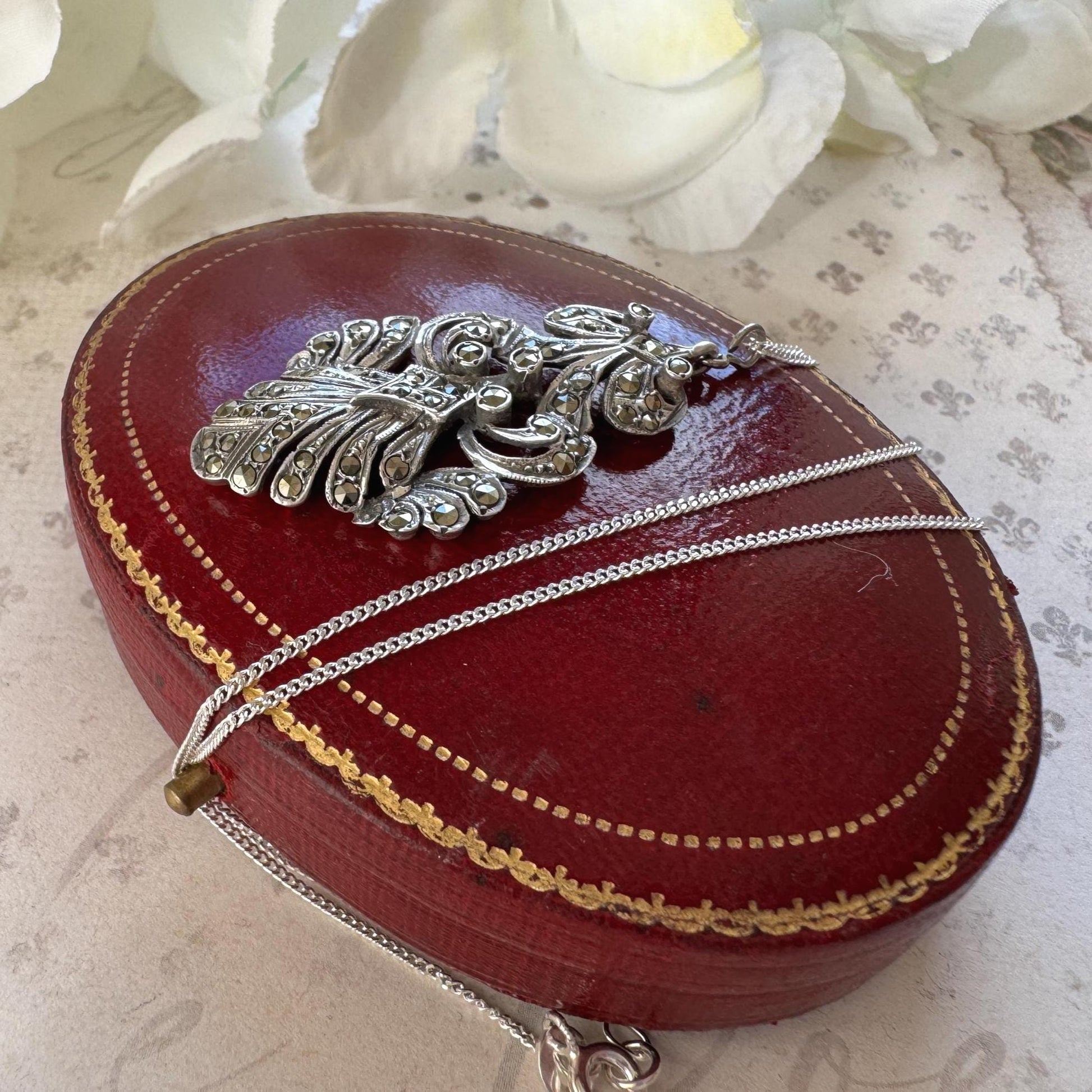 Edwardian Art Nouveau Marcasite Pendant Necklace: Large Sterling Silver Paisley Openwork Antique Design