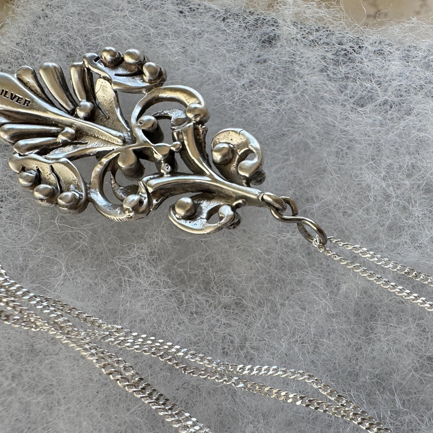 Edwardian Art Nouveau Marcasite Pendant Necklace: Large Sterling Silver Paisley Openwork Antique Design