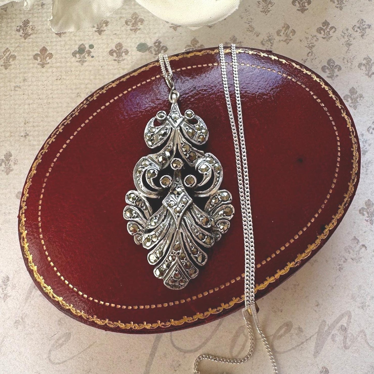 Edwardian Art Nouveau Marcasite Pendant Necklace: Large Sterling Silver Paisley Openwork Antique Design