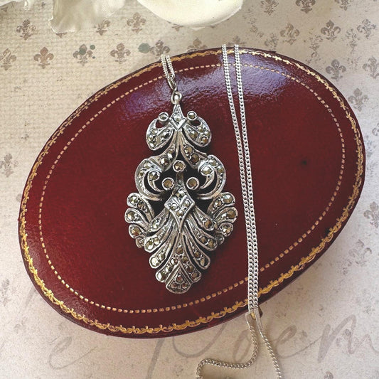 Edwardian Art Nouveau Marcasite Pendant Necklace: Large Sterling Silver Paisley Openwork Antique Design