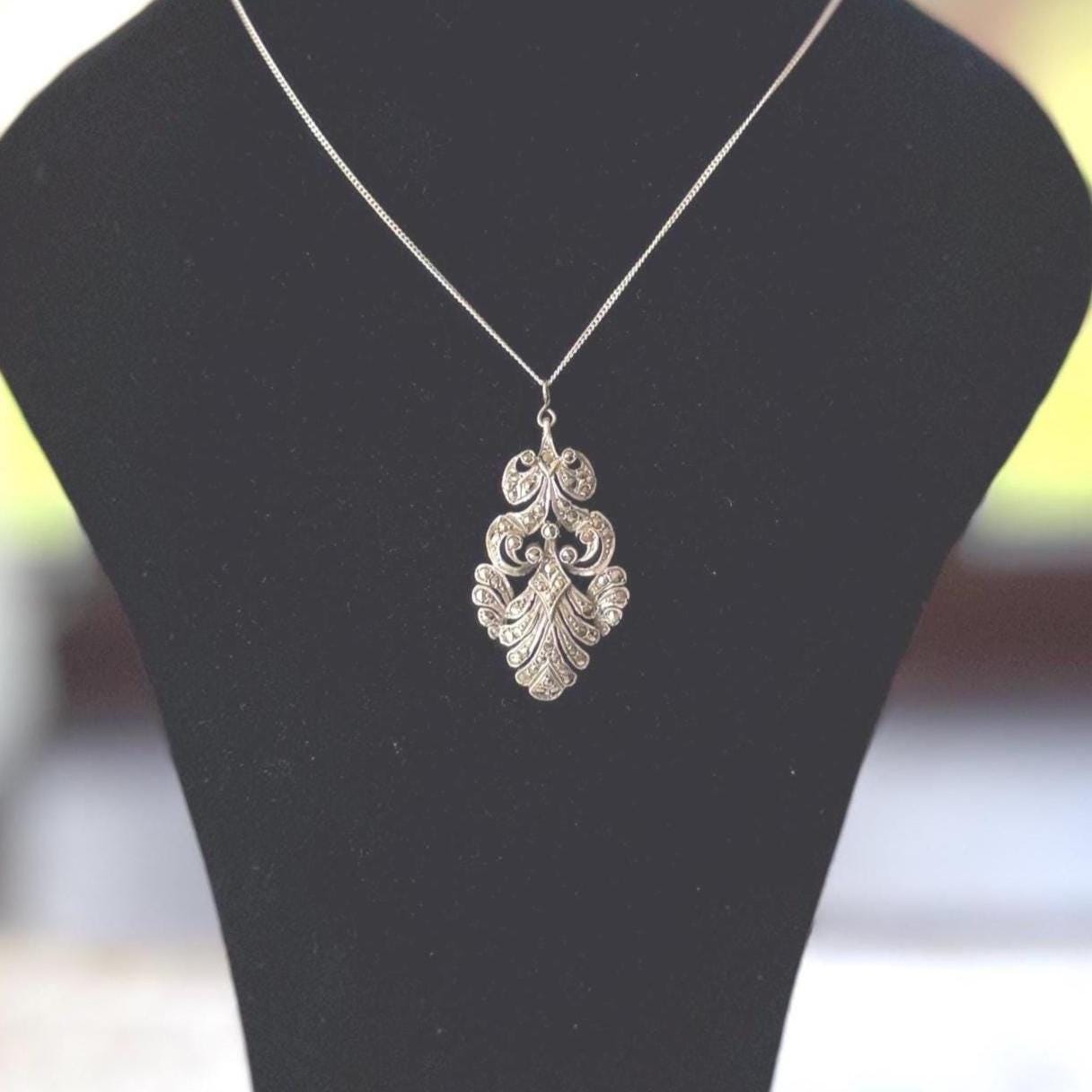 Edwardian Art Nouveau Marcasite Pendant Necklace: Large Sterling Silver Paisley Openwork Antique Design