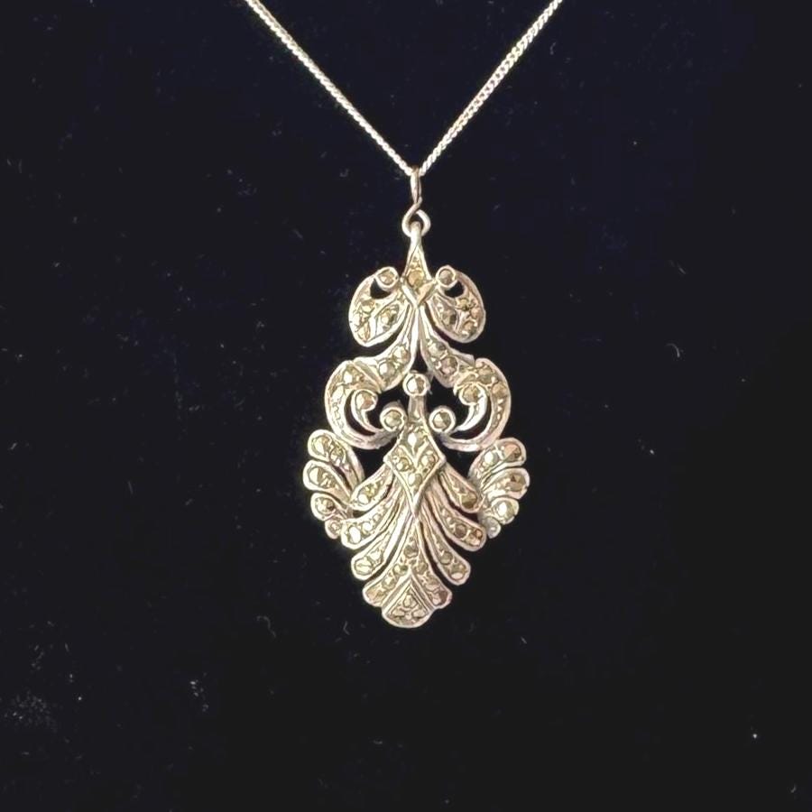 Edwardian Art Nouveau Marcasite Pendant Necklace: Large Sterling Silver Paisley Openwork Antique Design