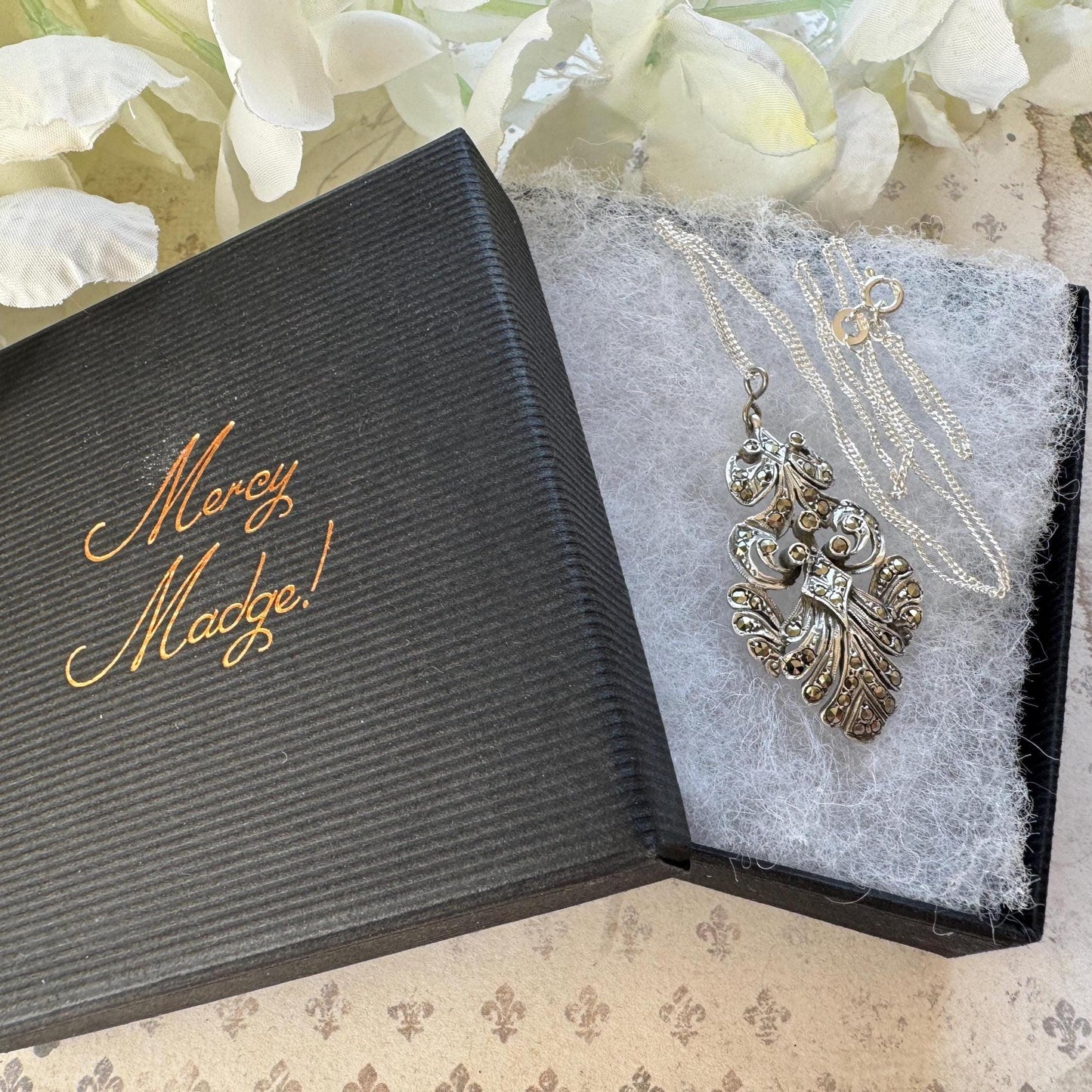 Edwardian Art Nouveau Marcasite Pendant Necklace: Large Sterling Silver Paisley Openwork Antique Design