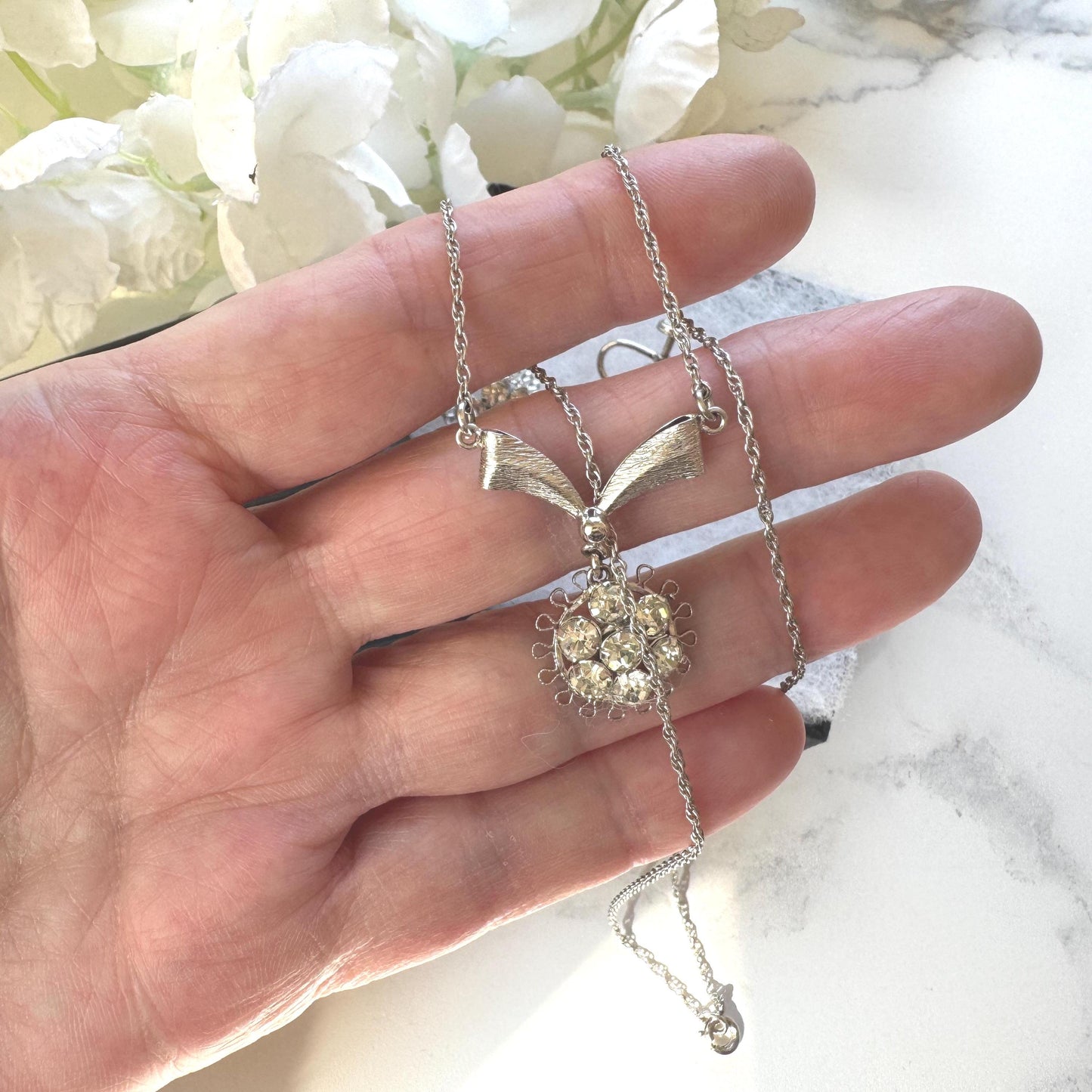 1940s Art Deco Sterling Silver Crystal Pendant Necklace Earrings Set: Star-Art, New York