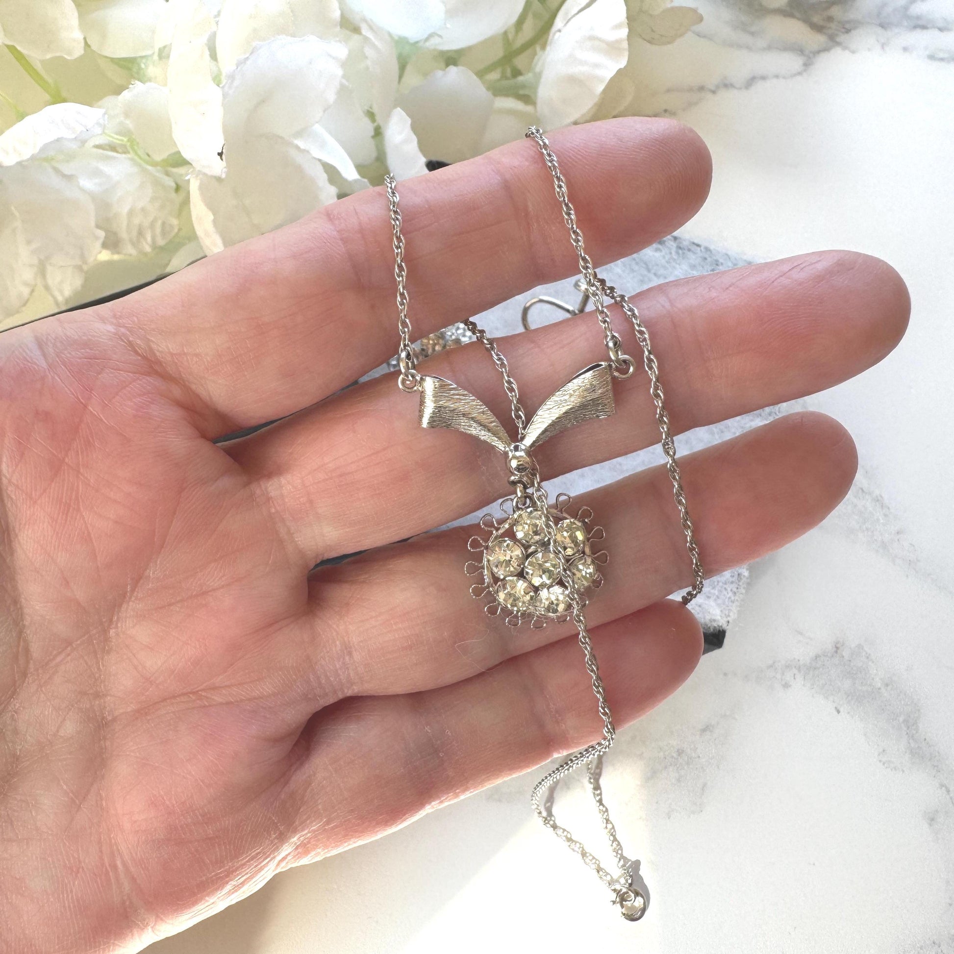 1940s Art Deco Sterling Silver Crystal Pendant Necklace Earrings Set: Star-Art, New York