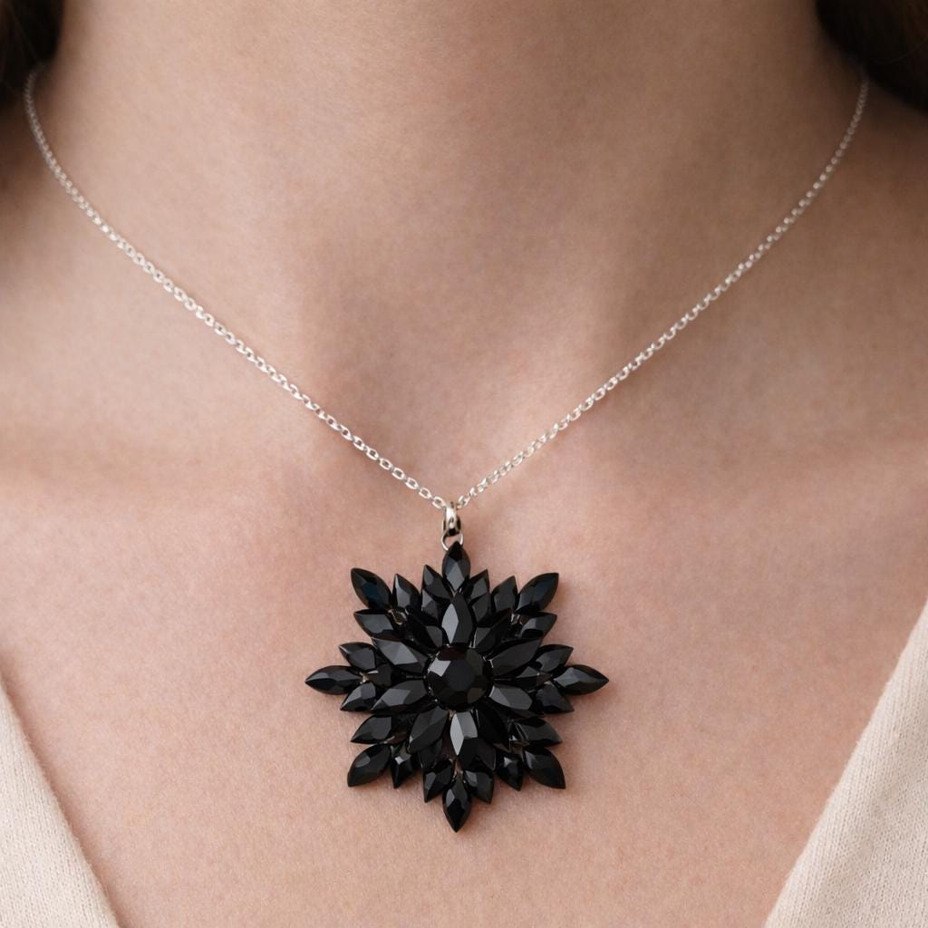 Antique Georgian Black Vauxhall Glass Flower Pendant Necklace: Rare English Regency Jewellery