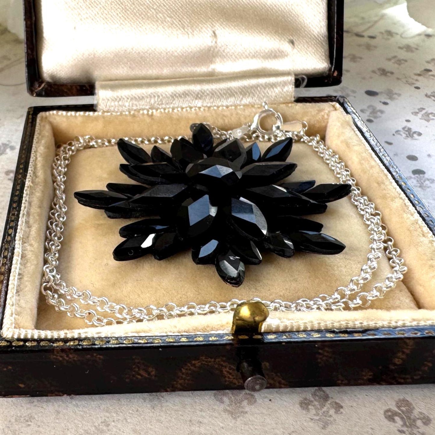 Antique Georgian Black Vauxhall Glass Flower Pendant Necklace: Rare English Regency Jewellery
