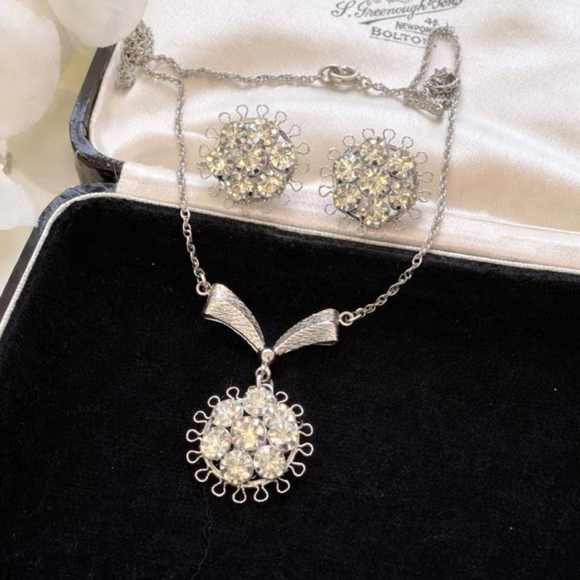 1940s Art Deco Sterling Silver Crystal Pendant Necklace Earrings Set: Star-Art, New York