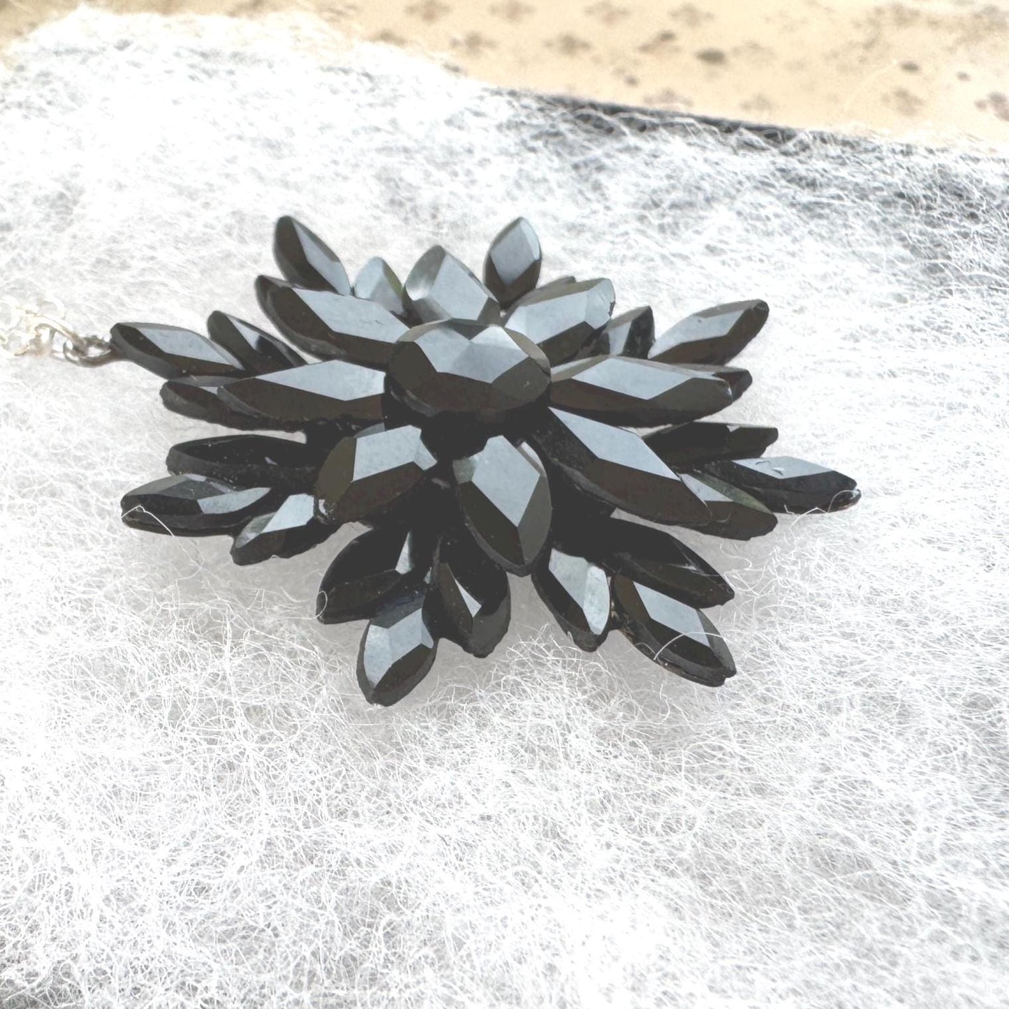 Antique Georgian Black Vauxhall Glass Flower Pendant Necklace: Rare English Regency Jewellery