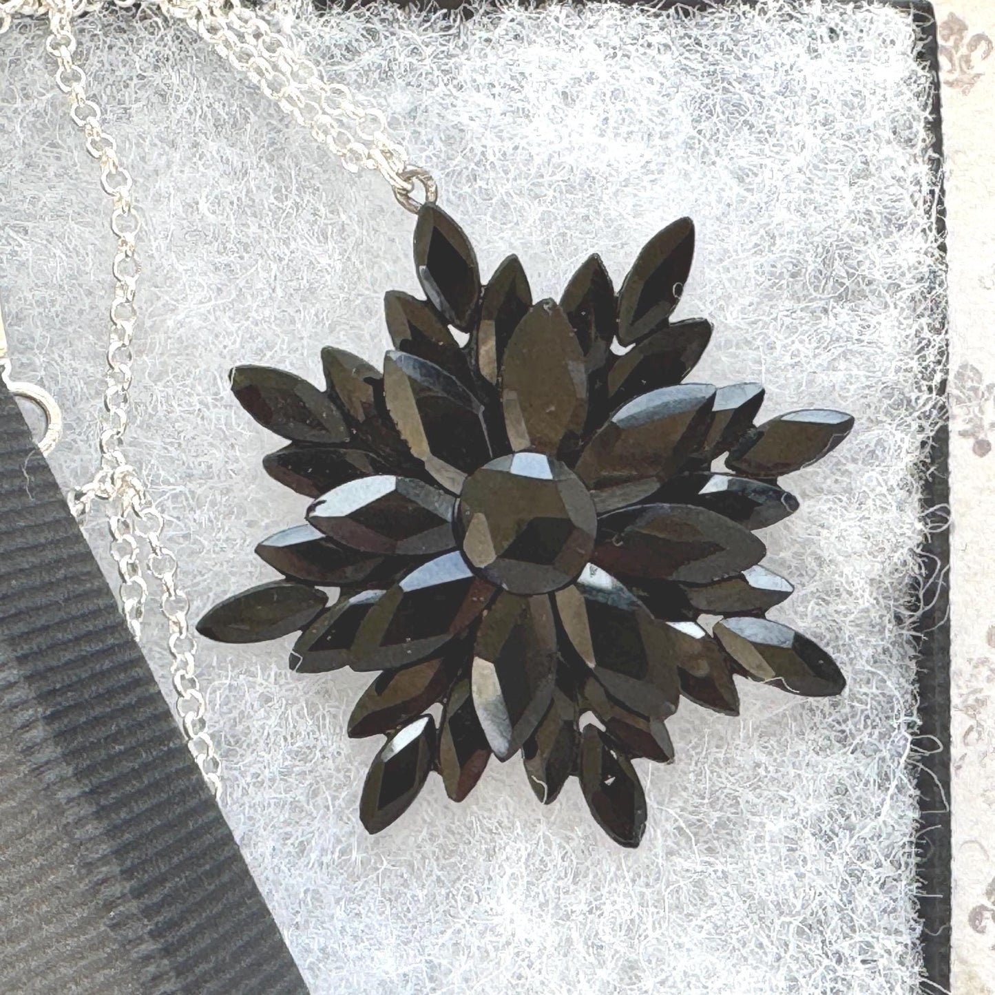 Antique Georgian Black Vauxhall Glass Flower Pendant Necklace: Rare English Regency Jewellery